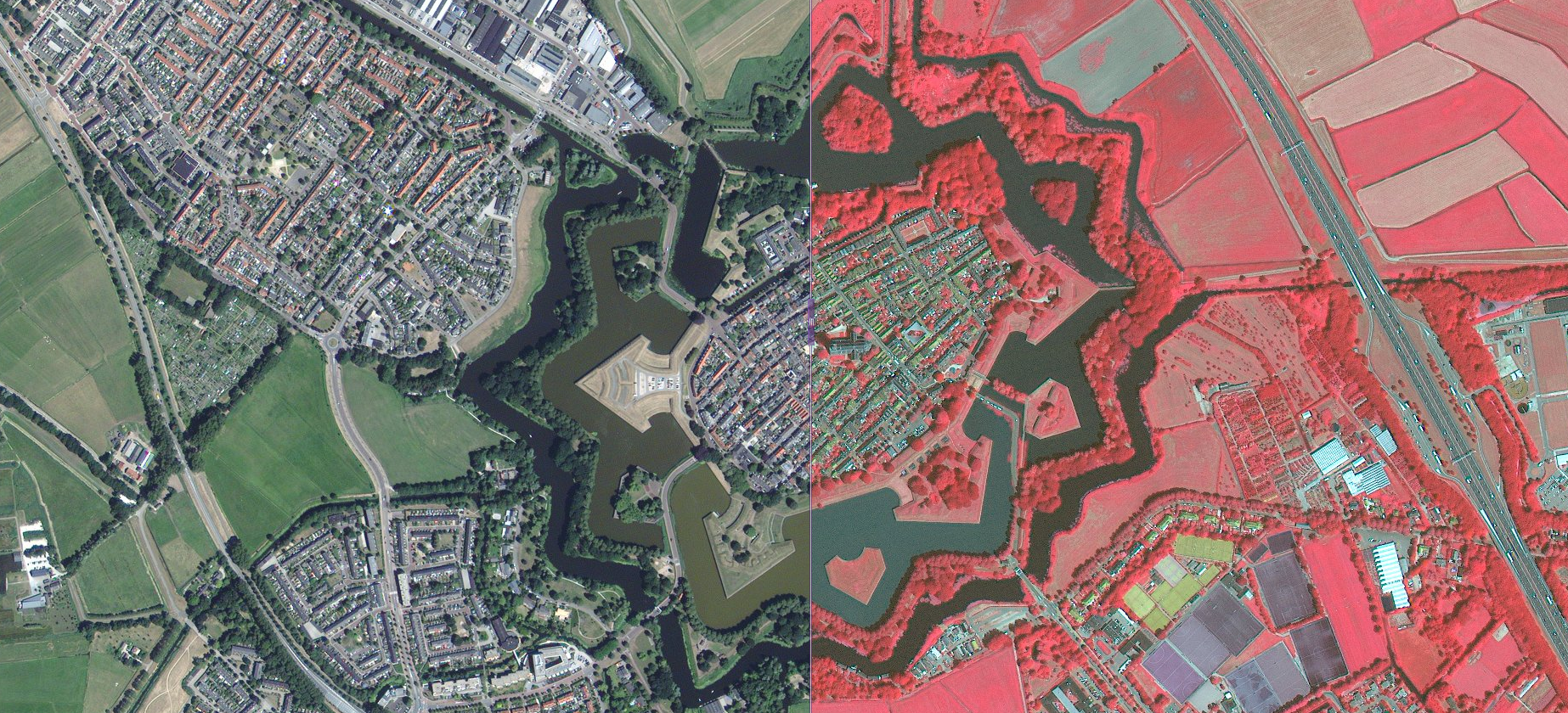 Naarden, Juni 2018. Groen in de stad wordt steeds belangrijker. De locatie en status van vegetatie kan met behulp van satellietdata goed in kaart gebracht worden. Infraroodbeelden helpen daarbij. Bron: Satellietdataportaal